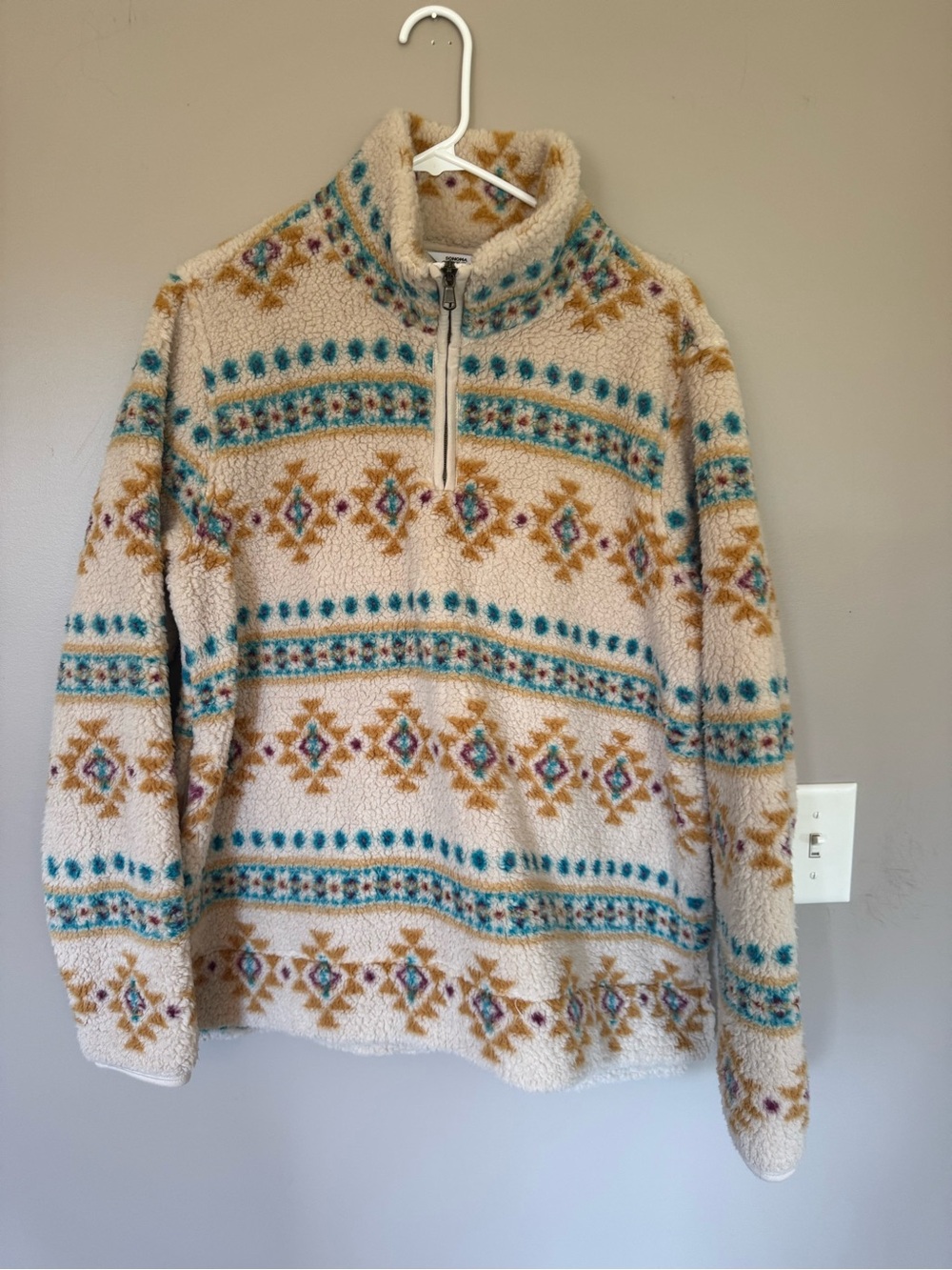 Sonoma Cream Sherpa Half-Zip with Teal & Mustard Patterning - SUPER SOFT - NWOT